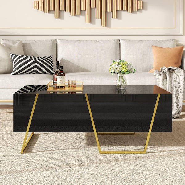 47.2 in. Black/Gold Rectangle MDF Wood Coffee Table with 4 drawers, Storage and Gold Base