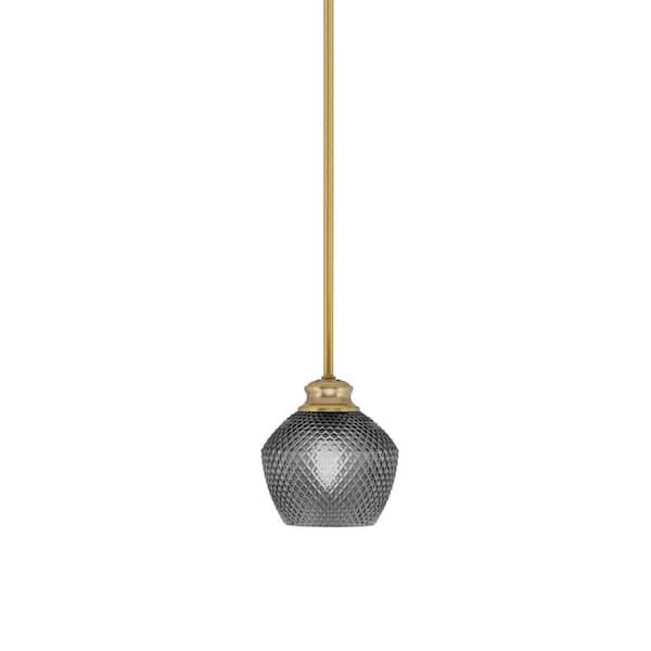 Unbranded Tyler 60-Watt 1-Light New Age Brass Stem Mini Pendant Light with Smoke Textured Glass Shade