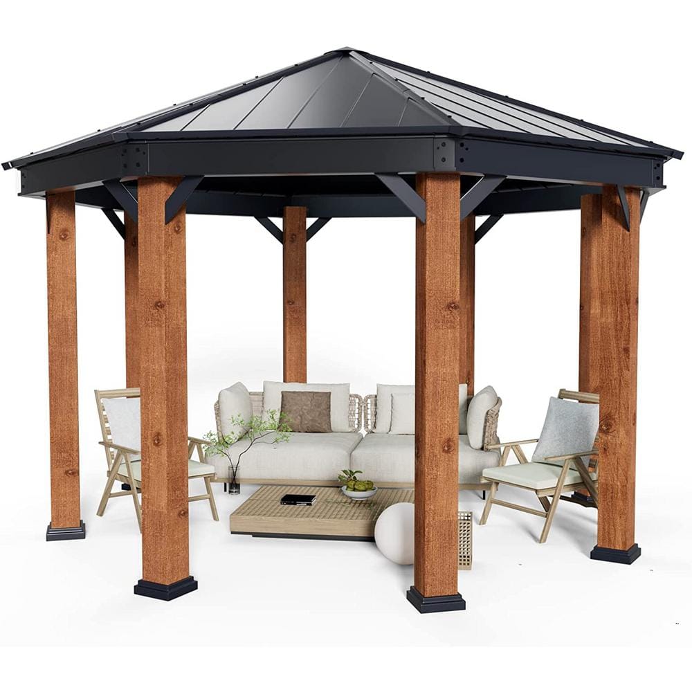 15 ft. x 15 ft. Brown Gazebo, Aluminum Octagon Wood Grain Gazebos with Galv