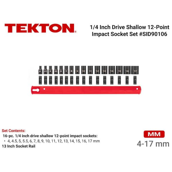 1/4 in. Drive 12-Point Impact Socket Set with Rail, 16-Piece (4-17 mm)
