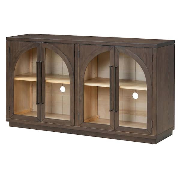 CSC DECOR INC Espresso Solid Wood 60 in. Sideboard Buffet Cabinet with 4 Glass Doors and Adjustable Shelves Kitchen Storage Cabinet