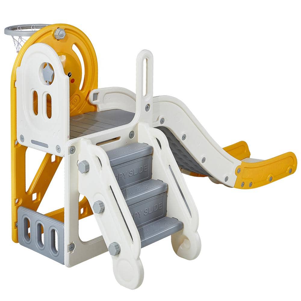 Toddler Slide 1-3 Years, Indoor/Outdoor Playset with Climbable Ladders, Basketball Hoop, Storage, Raised Handrail