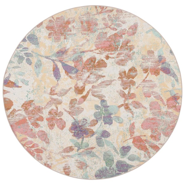 SAFAVIEH Barbados Beige/Red 7 ft. x 7 ft. Round Multi-Leaf Gradient Indoor/Outdoor Area Rug