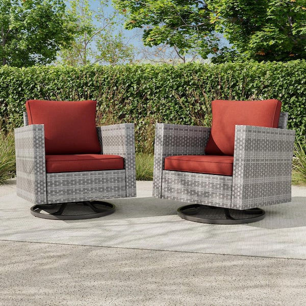 2-Piece Patio Sofa Set Gray Wicker Furniture Set Swivel Rocking Sofa Outdoor Rocking Chair with Rust Red Cushion