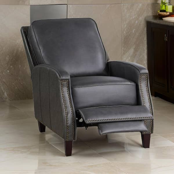 Benjara Enice Gray and Black Leather Side Chair with Footrest and Nailhead Trim