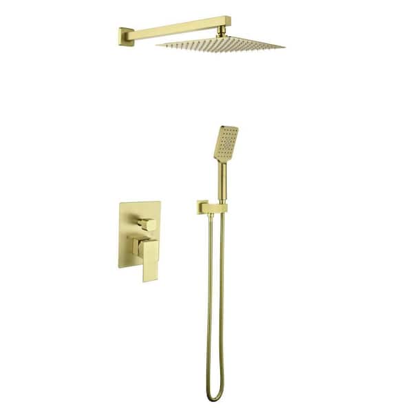 2-Spray Wall Mount Square Dual Fixed and Handheld Shower Head 3.17 GPM in Brushed Gold