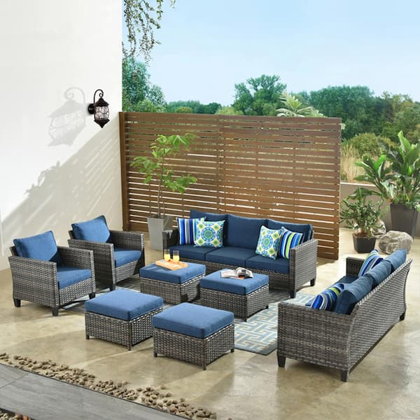 OVIOS New Vultros Gray 8-Piece Wicker Outdoor Patio Conversation Seating Set with Blue Cushions