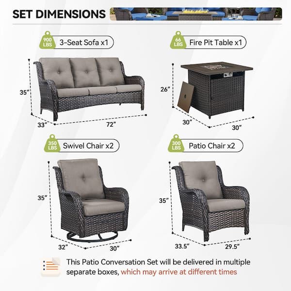 6-Piece Brown Wicker Fire Pit Conversation Set with Olefin Gray Cushions and 2 Swivel Glider/ 2 Lounge Chairs and Couch