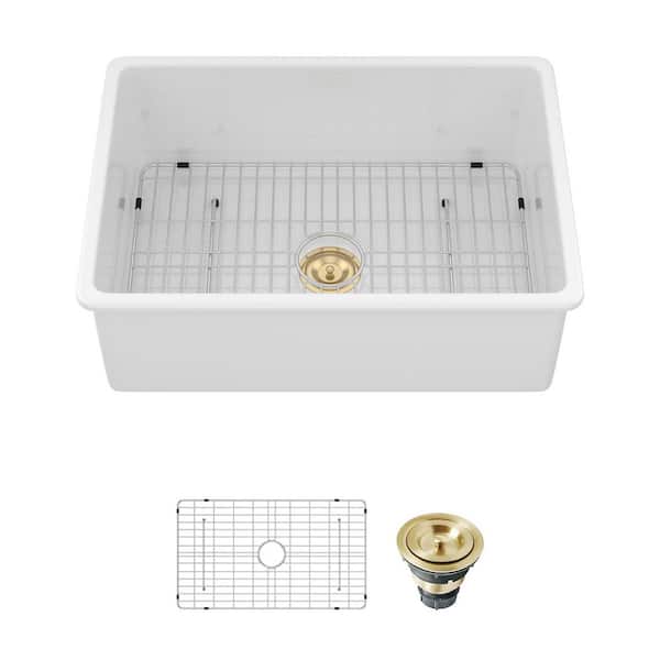 32 in. Undermount Single Bowl White Porcelain Ceramic Kitchen Sink Under Basin with Bottom Grid and Strainer in Glod