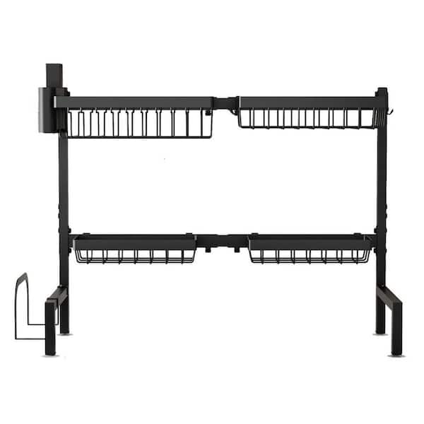 Black Stainless Steel Over Sink Dish Drying Rack Adjustable Two-Tier Large Capacity with Multifunctional Baskets