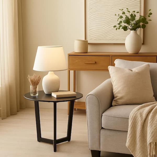 Jole 24 in. Black Round Glass Top Side End Table with Metal Base