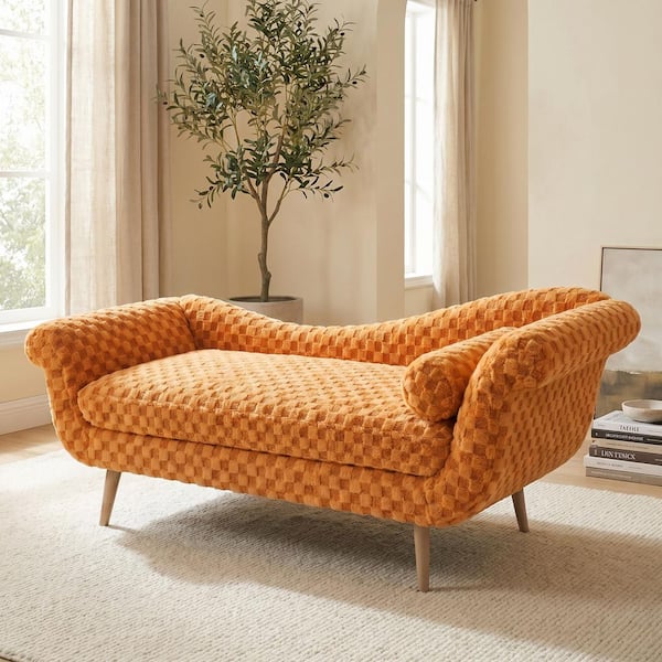 Scarlett Classic Diamond Pattern Orange Polyester Upholstered Chaise Lounge with Rolled Arms and Solid Wood Legs