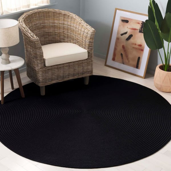 Braided Black 6 ft. x 6 ft. Machine Washable Solid Color Gradient Round Area Rug