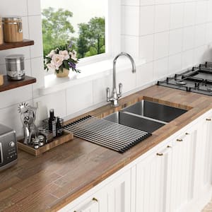 33 in. Undermount Double Bowl 18 Gauge Brushed Nickel Stainless Steel Kitchen Sink with Bottom Grids