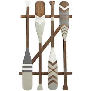 Wood Light Gray Arrow and Stripe Patterned Paddle Wall Art with Muted Blue Accents
