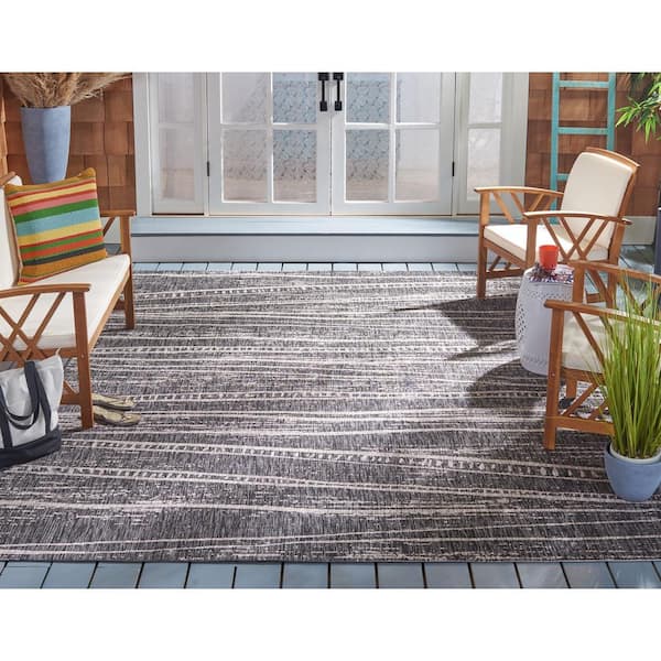 Courtyard Black/Ivory 8 ft. x 10 ft. Abstract Striped Indoor/Outdoor Patio  Area Rug