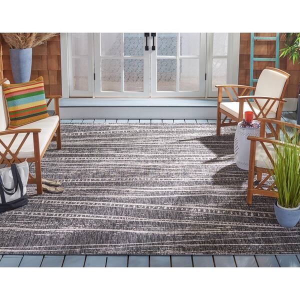 Courtyard Black/Ivory 9 ft. x 12 ft. Abstract Striped Indoor/Outdoor Patio  Area Rug