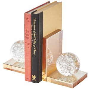 Gold Glass Geometric Bookends with Clear Orbs and Bubble Texturing (Set of 2)