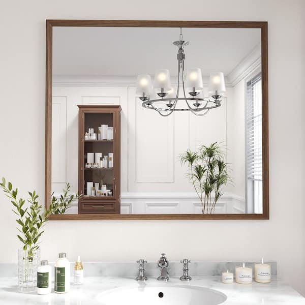 Swafrrt Walnut 40 in. W x 36 in. H Anti-Rust Farmhouse Rectangle Wall Mounted Framed Mirror, Bathroom Vanity Mirrors