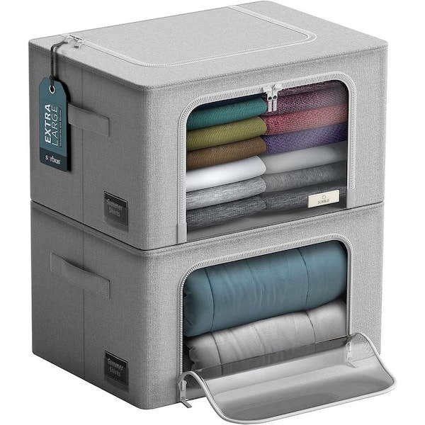 Gray 24 in. x 14 in. Fabric Decorative Box Set of 2, Jumbo Stackable Storage Bins with Metal Frame, Window, & Handles