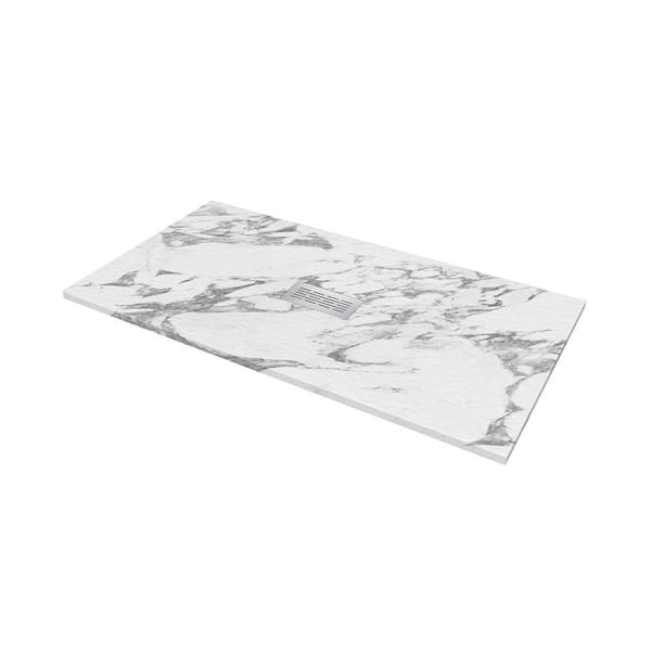 CASTICO 60 in. L x 32 in. W x 1.125 in. H Solid Composite Stone Shower Pan Base with Center Drain in Carrara Slate