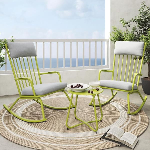 3-Piece Steel Outdoor Bistro Chair Set, Patio Rocking Chairs with Gray Cushions and 18 in. Round Side Table, Green