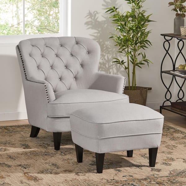 Noble House Tafton Natural Fabric Tufted Club Chair and Ottoman Set
