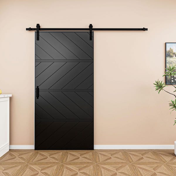 42 in. x 84 in. Black Finished 4-Lite Wave Pattern Style MDF Sliding Barn Door with Hardware Kit and Soft Close