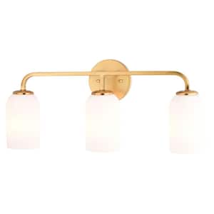 Shelby 23 in. 3 Light Natural Gold Brass Vanity Light Transitional Bathroom Fixture White Glass