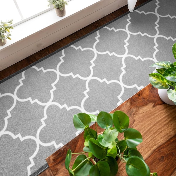 Kings Court Brooklyn Trellis Grey 3 ft. x 12 ft. Modern Runner Rug