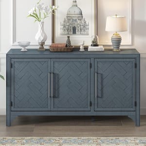 Navy Blue Wood 60 in. 3-Door Rustic Sideboard with Adjustable Shelves and Long Handles