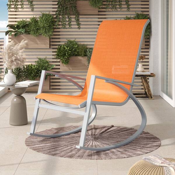 CORVUS Antonio Gray Metal Outdoor Rocking Chair with Orange Sling Fabric