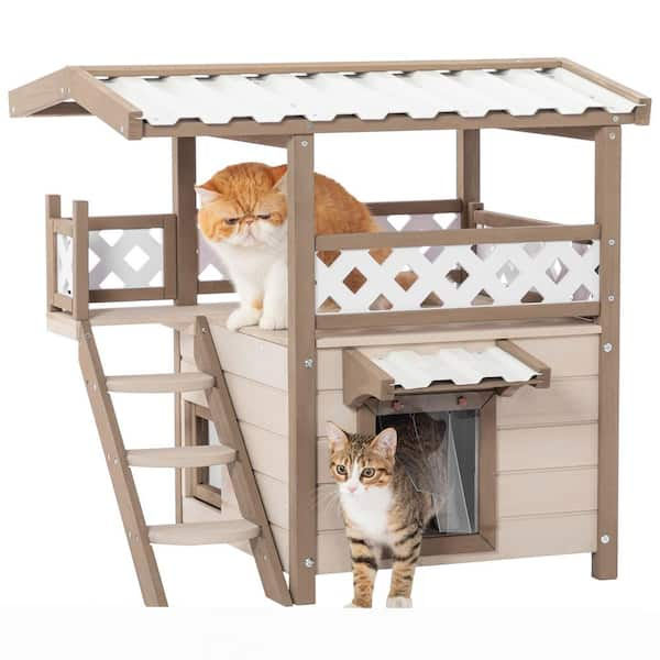 Miscool Anky Outdoor Cat House with Durable PVC Roof Escape Door Curtain and Stair 2 Story Design Perfect for Multi Cats