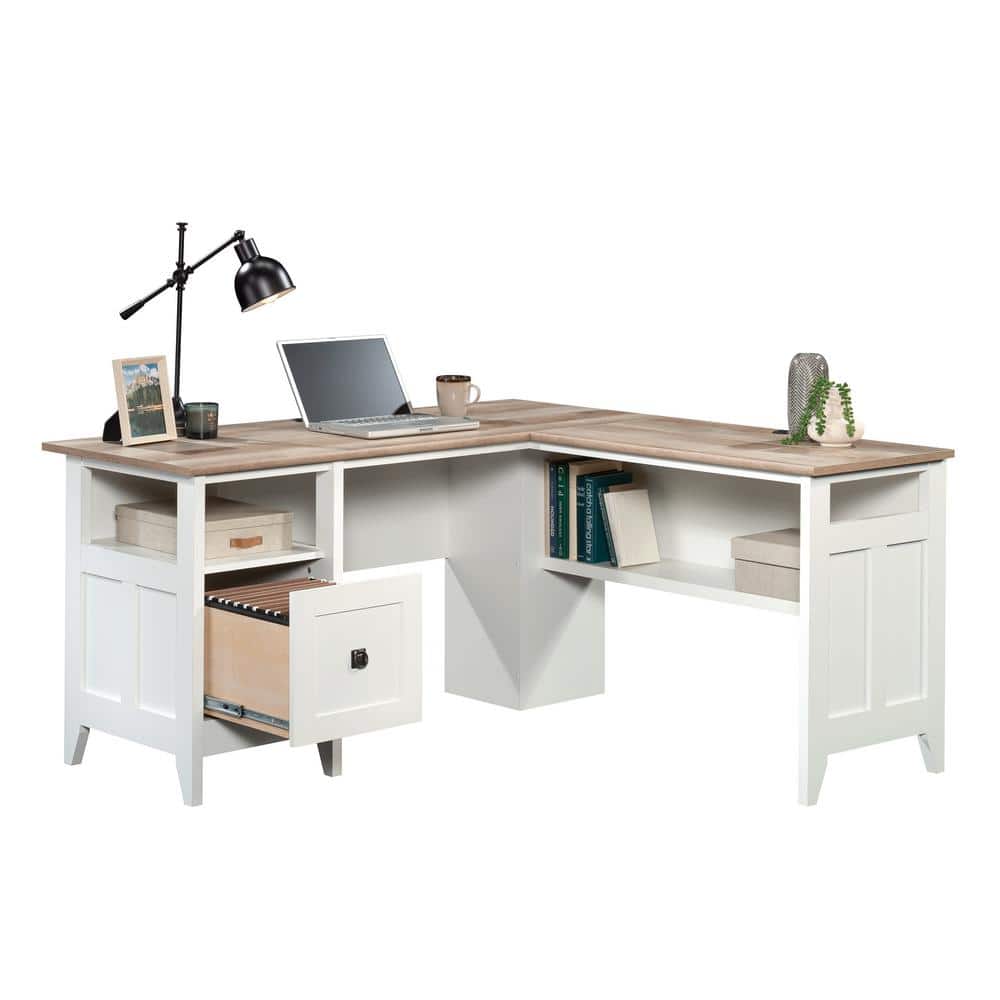 Soft White L-Shaped Wood Corner Desk with Drawer and Keyboard Tray