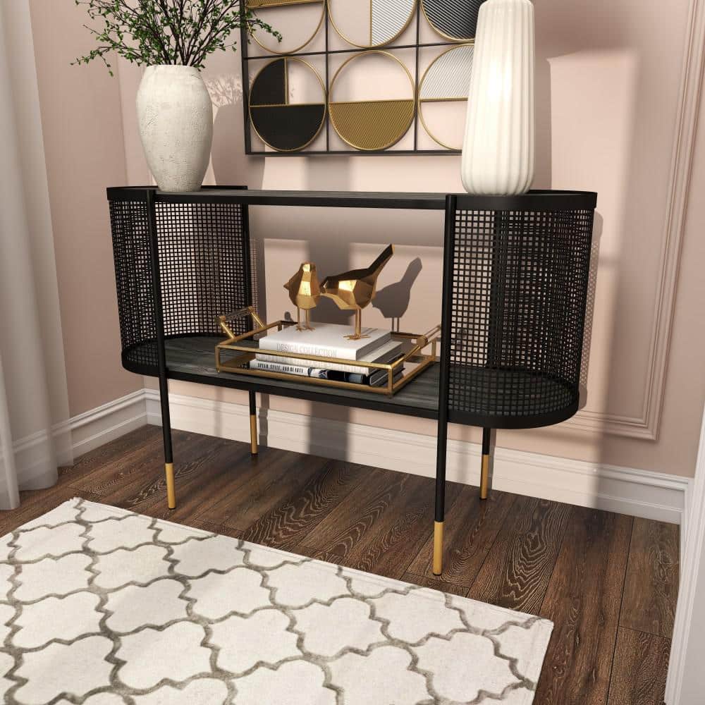 Elegant Black Metal Console Table with Storage Shelf