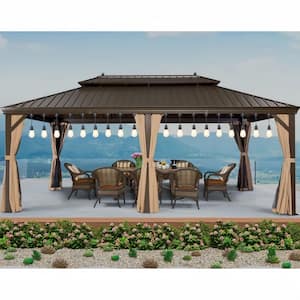 12 ft. x 20 ft. Bronze Patio Outdoor Gazebo for Backyard Hardtop Aluminum Frame Hooks, Netting, Khaki Curtain,24-Lights