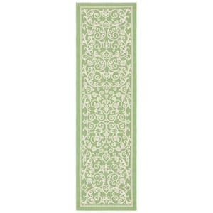 Courtyard Olive/Natural 2 ft. x 8 ft. Border Scroll Floral Indoor/Outdoor Patio  Runner Rug