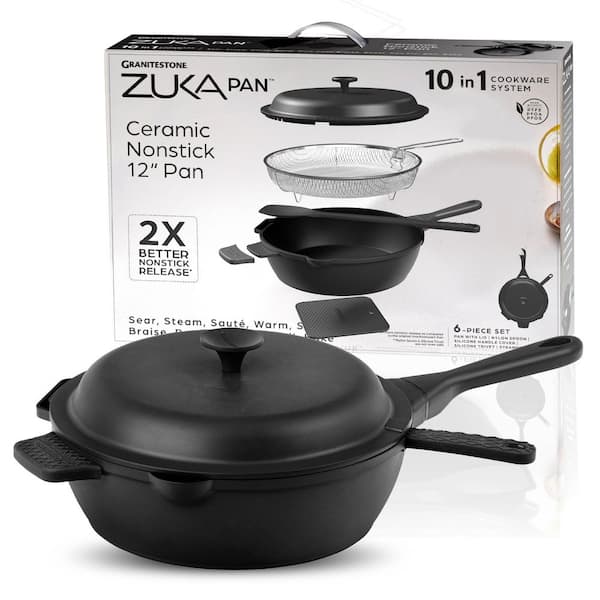 Zuka Everyday Pan 4.25 qt. Ceramic 10 in 1 Nonstick Multi-Functional Saute Pan with Lid, Nylon Spoon, & Steamer Basket