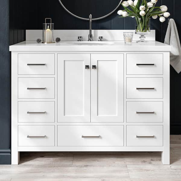 ARIEL Cambridge 49 in. W x 22 in. D x 36 in. H Vanity in White with Pure White Quartz Top