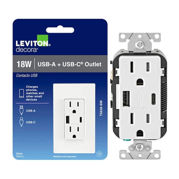 Decora White 15 Amp Tamper Resistant Duplex Outlet with USB Charger Type A/C 3.6 Amp 18-Watt Outlet 1-Pack (T5638-BW)