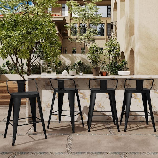 Black Metal Garden Stool 4-Pack 26 Inch Outdoor Counter Height Large Seat Patio Barstools Indoor Low Back