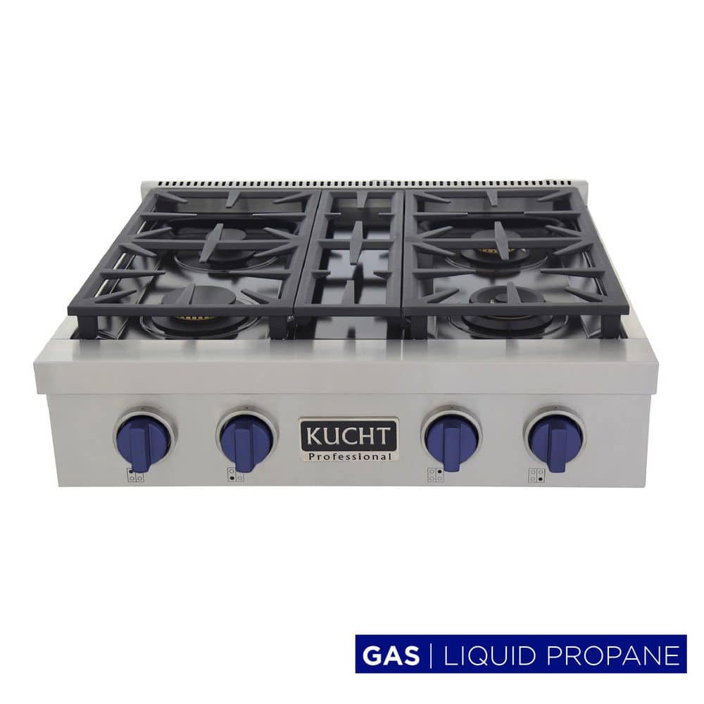 Professional 30 in. Liquid Propane Gas Range Top in Stainless Steel with Royal Blue Knobs with 4 Burners
