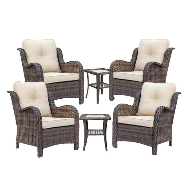 Brown 6-Piece Wicker Patio Conversation Set with Armrest Chairs Outdoor Rattan Side Table with Beige Cushions