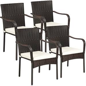 4-Pieces Stackable Wicker Outdoor Dining Chair with White Cushion for Porch Yard Garden