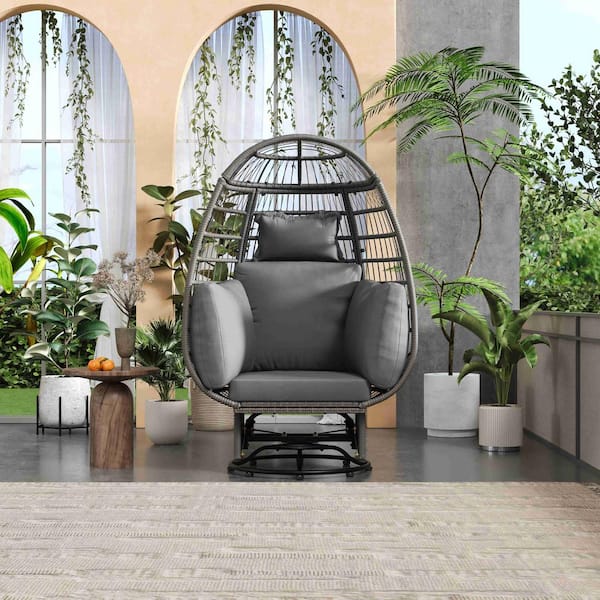 Gray Swivel Chair Wicker Outdoor Swivel Patio Egg Lounge Chair with Gray Cushion and 4 Pillows