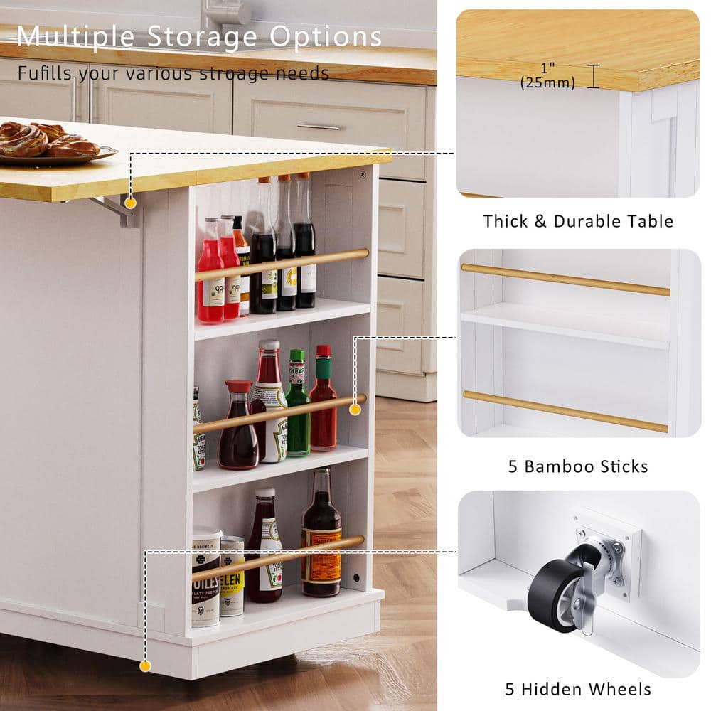 Farmhouse White Drop Leaf Wood Kitchen Island with Power Outlet and Adjustable Shelves