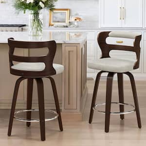 Arabela 26 in. Beige Gray Solid Wood Swivel Bar Stool Faux Leather Kitchen Counter Stool with Walnut Frame Set of 2