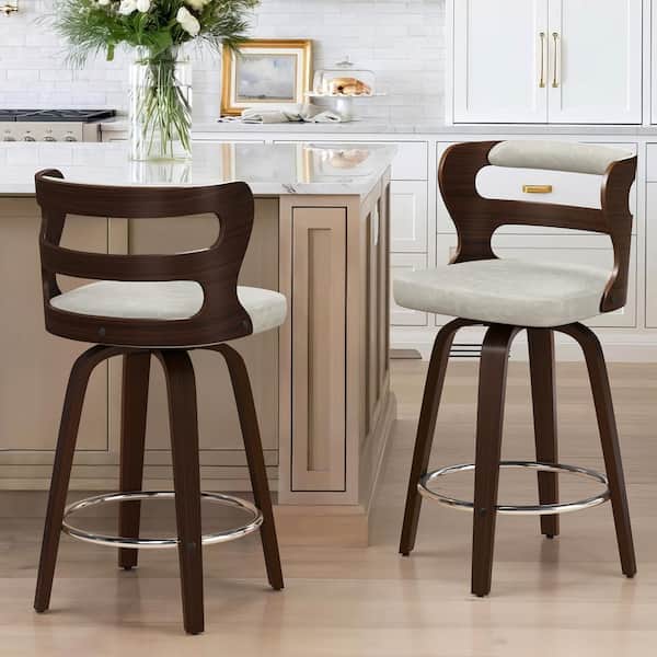 cozyman Arabela 26 in. Beige Gray Solid Wood Swivel Bar Stool Faux Leather Kitchen Counter Stool with Walnut Frame Set of 2