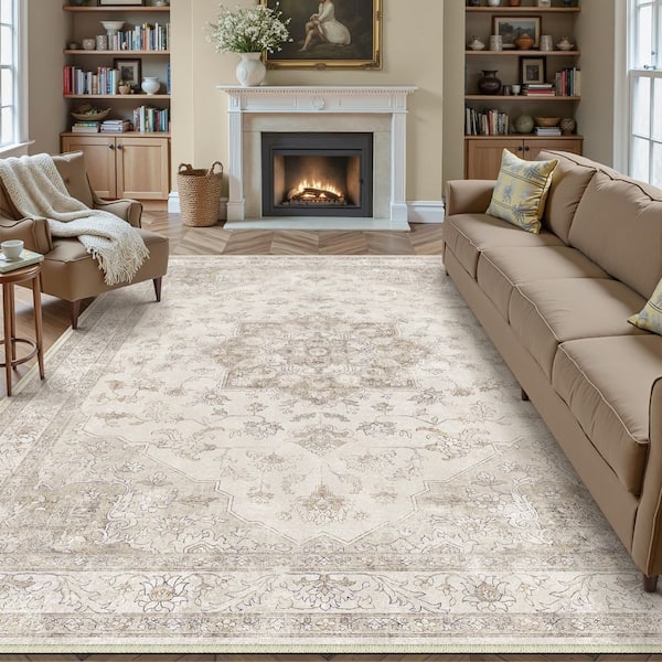 Baykal Taupe 6 ft. x 9 ft. Vintage Washable Medallion Distressed Area Rug