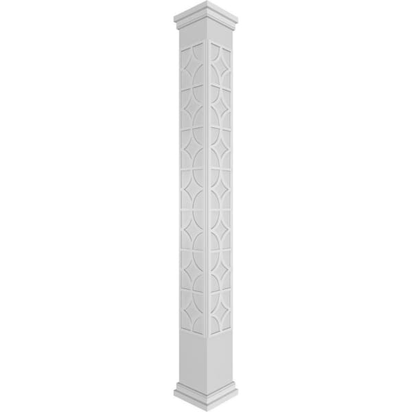 Ekena Millwork 9-5/8 in. x 9 ft. Premium Square Non-Tapered Magnolia Fretwork PVC Column Wrap Kit w/Prairie Capital and Base
